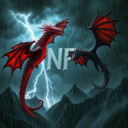 A stunning fantasy scene featuring a couple of majestic dragons soaring through a stormy sky with heavy rain pouring down
