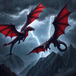 A stunning fantasy scene featuring a couple of majestic dragons soaring through a stormy sky with heavy rain pouring down