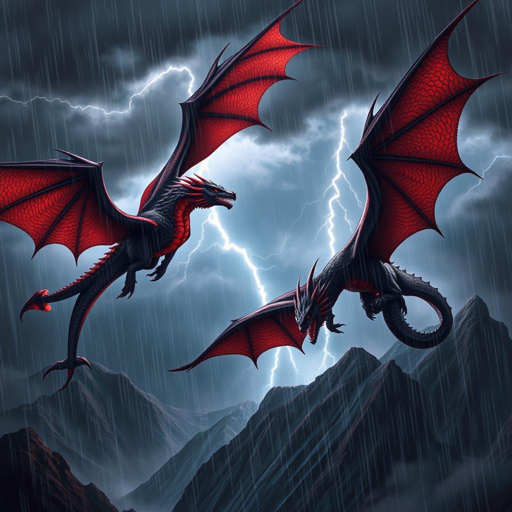 A stunning fantasy scene featuring a couple of majestic dragons soaring through a stormy sky with heavy rain pouring down