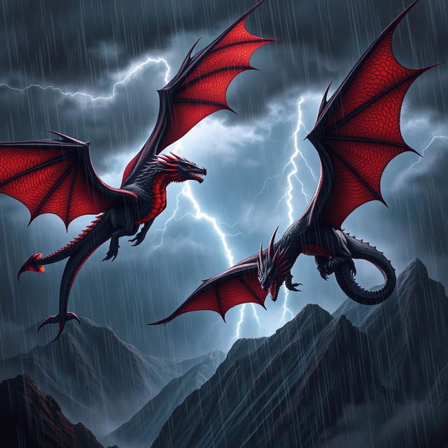 A stunning fantasy scene featuring a couple of majestic dragons soaring through a stormy sky with heavy rain pouring down