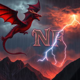 A stunning fantasy scene featuring a couple of majestic dragons soaring through a stormy sky with heavy rain pouring down