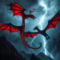 A stunning fantasy scene featuring a couple of majestic dragons soaring through a stormy sky with heavy rain pouring down