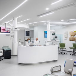 A large, modern dental center featuring advanced dental equipment, multiple treatment rooms, a welcoming reception area, and a comfortable, bright waiting room equipped with reading materials.