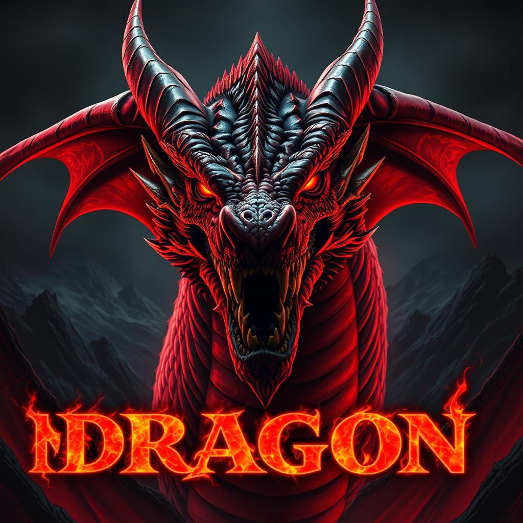 An imposing, fierce dragon with sharp features and glowing eyes, depicting intense anger, set against a dark mountainous backdrop