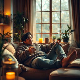 A cozy, warm scene featuring a young man named Fernando, lounging comfortably in a stylish living room