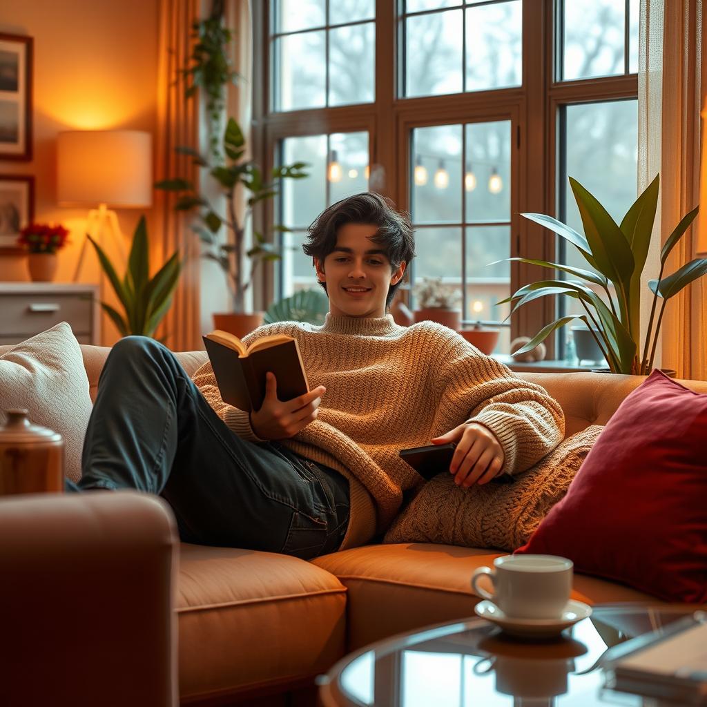 A cozy, warm scene featuring a young man named Fernando, lounging comfortably in a stylish living room