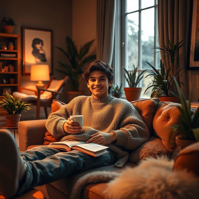 A cozy, warm scene featuring a young man named Fernando, lounging comfortably in a stylish living room