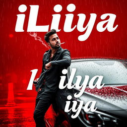 A man leaning against a car while smoking, set in a rainy atmosphere