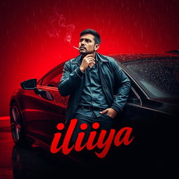 A man leaning against a car while smoking, set in a rainy atmosphere