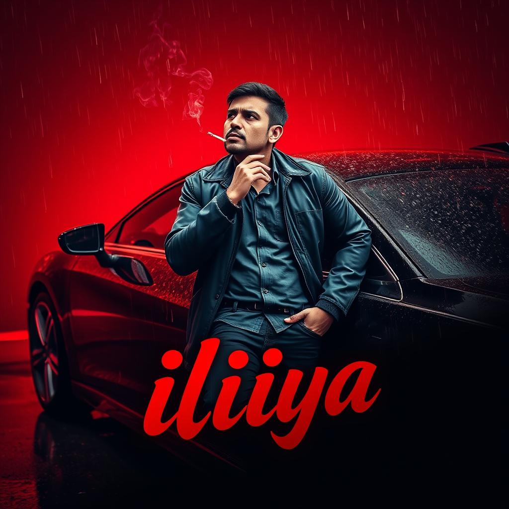 A man leaning against a car while smoking, set in a rainy atmosphere