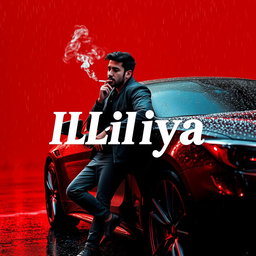 A man leaning against a car while smoking, set in a rainy atmosphere