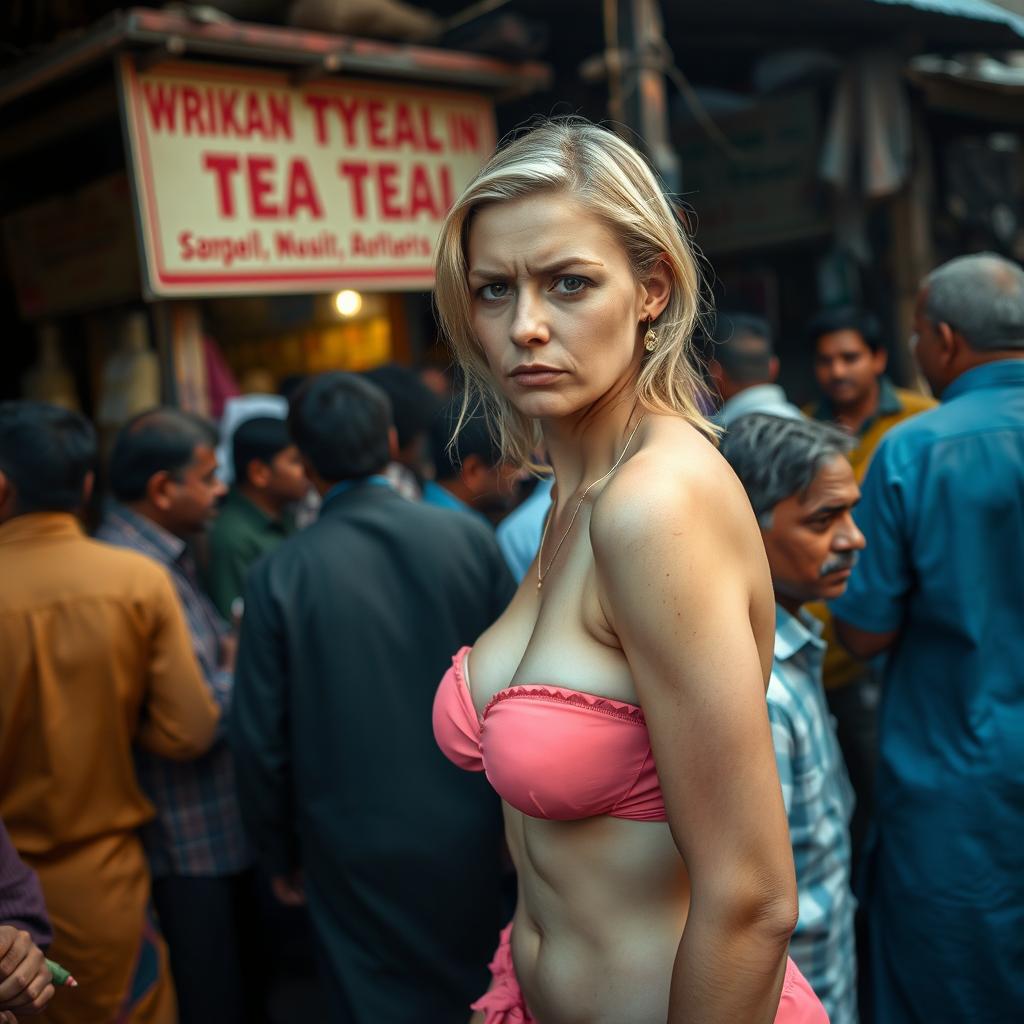 A sad blonde woman with big breasts wearing a strapless bikini, visibly uncomfortable as she is surrounded by a dense crowd of Indian men near a cheap Indian tea stall in the early morning