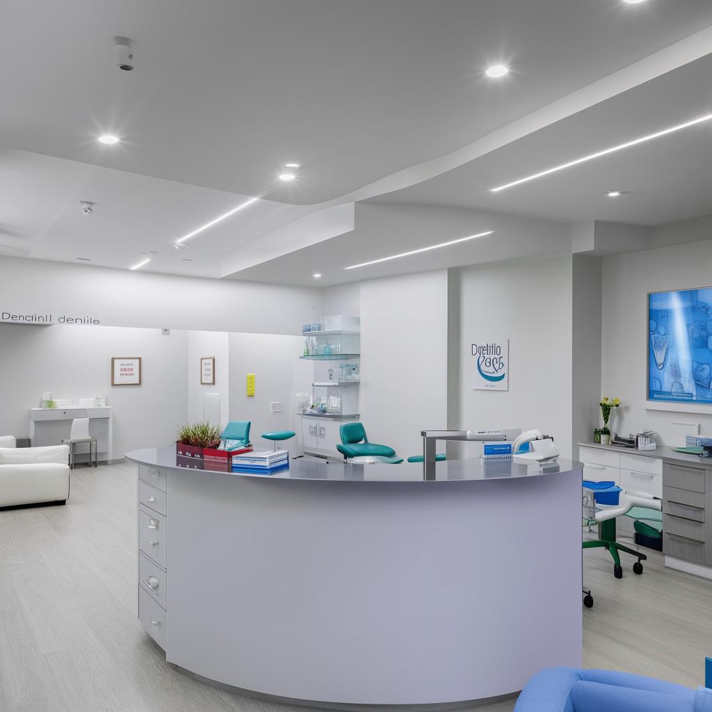 A large, modern dental center featuring advanced dental equipment, multiple treatment rooms, a welcoming reception area, and a comfortable, bright waiting room equipped with reading materials.