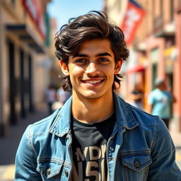 A portrait of a young man named Javier, featuring him with medium-length wavy dark hair styled casually