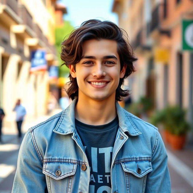 A portrait of a young man named Javier, featuring him with medium-length wavy dark hair styled casually