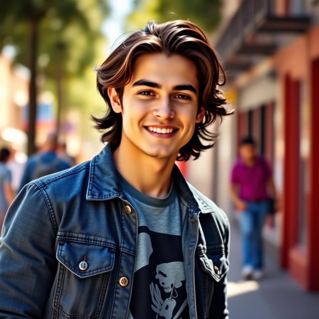 A portrait of a young man named Javier, featuring him with medium-length wavy dark hair styled casually