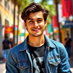 A portrait of a young man named Javier, featuring him with medium-length wavy dark hair styled casually