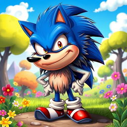 A comically ugly hedgehog named Sonic, featuring an exaggeratedly large head, mismatched eyes, and a scruffy body with wild spikes