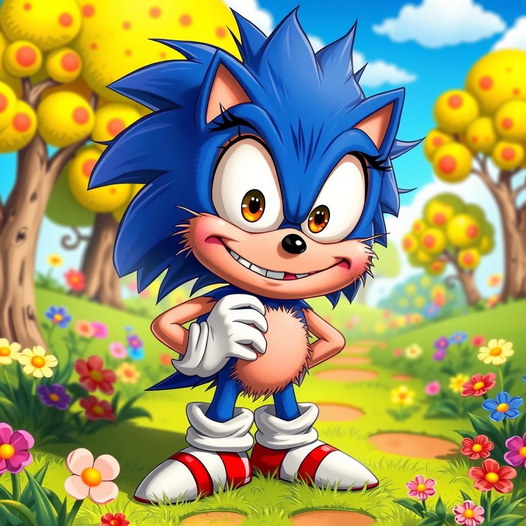A comically ugly hedgehog named Sonic, featuring an exaggeratedly large head, mismatched eyes, and a scruffy body with wild spikes