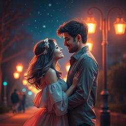 A beautiful romantic scene set in the evening, featuring a dimly lit street with softly glowing street lamps