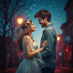 A beautiful romantic scene set in the evening, featuring a dimly lit street with softly glowing street lamps