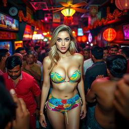 A fit American blonde woman wearing a colorful strapless bikini that showcases her big breasts and noticeable cleavage, standing amid a dense crowd of Indian men in a very crowded cheap Indian bar