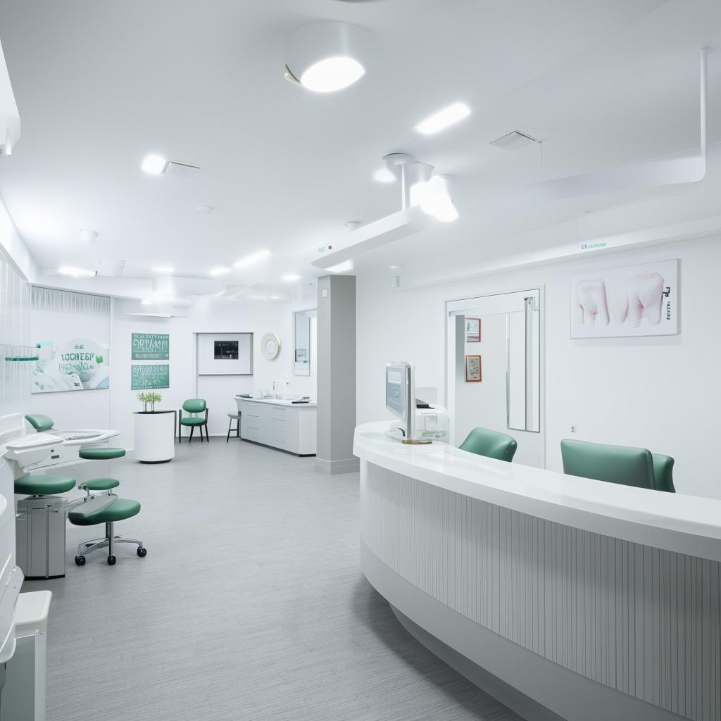 A large, modern dental center featuring advanced dental equipment, multiple treatment rooms, a welcoming reception area, and a comfortable, bright waiting room equipped with reading materials.