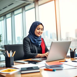 A professional hijabi secretary working at a modern office
