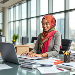 A professional hijabi secretary working at a modern office