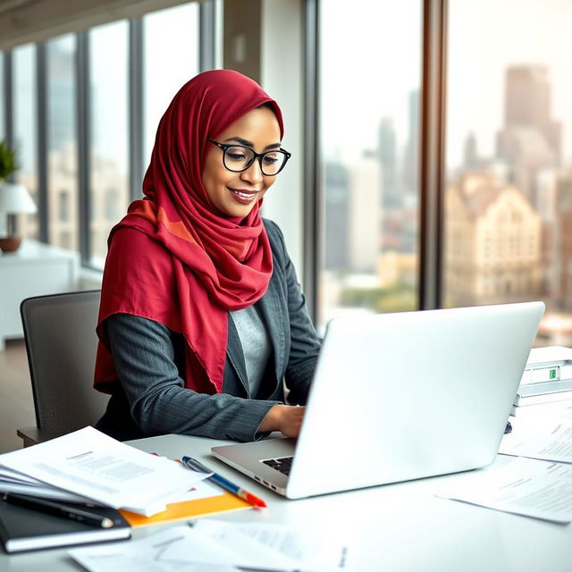 A professional hijabi secretary working at a modern office