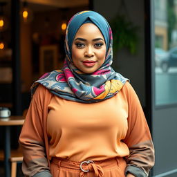 A confident and stylish hijabi woman with a curvy figure, showcasing her fashionable attire