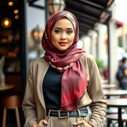 A confident and stylish hijabi woman with a curvy figure, showcasing her fashionable attire