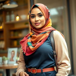 A confident and stylish hijabi woman with a curvy figure, showcasing her fashionable attire