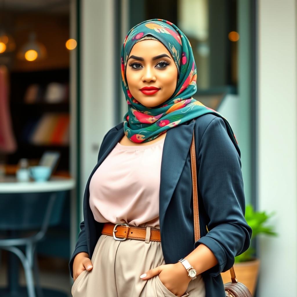 A confident and stylish hijabi woman with a curvy figure, showcasing her fashionable attire