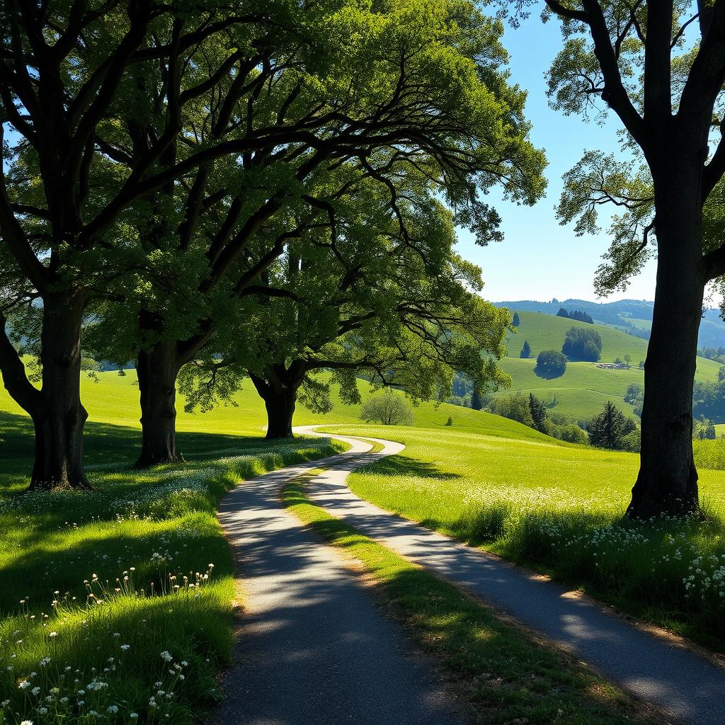 An ancient, winding road traversing a lush green grass field dotted with wildflowers, flanked by tall, majestic trees with thick canopies providing dappled sunlight