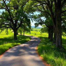 An ancient, winding road traversing a lush green grass field dotted with wildflowers, flanked by tall, majestic trees with thick canopies providing dappled sunlight