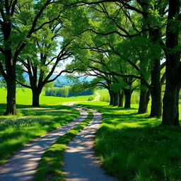An ancient, winding road traversing a lush green grass field dotted with wildflowers, flanked by tall, majestic trees with thick canopies providing dappled sunlight