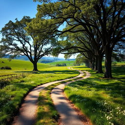 An ancient, winding road traversing a lush green grass field dotted with wildflowers, flanked by tall, majestic trees with thick canopies providing dappled sunlight