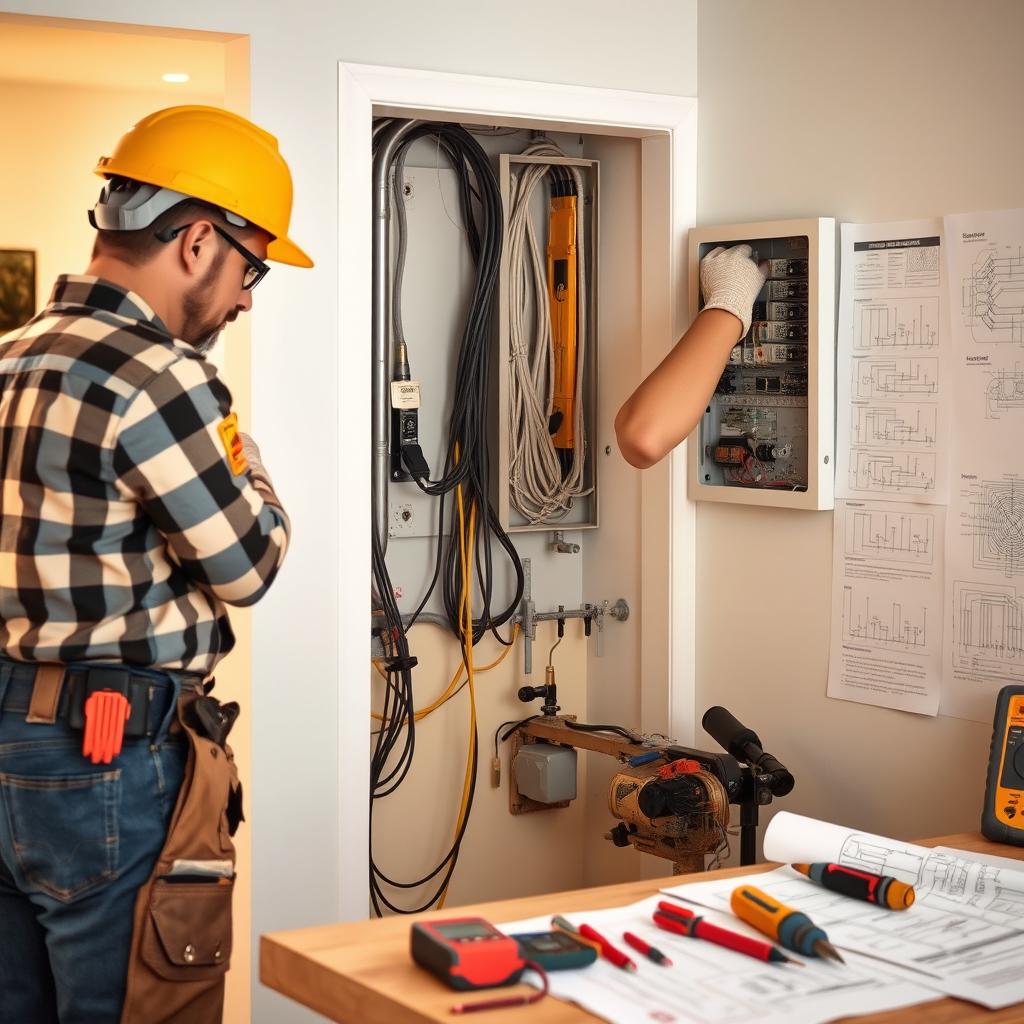 A professional electrician in action, working on electrical panels and wiring in a residential setting