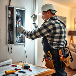 A professional electrician in action, working on electrical panels and wiring in a residential setting