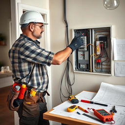 A professional electrician in action, working on electrical panels and wiring in a residential setting