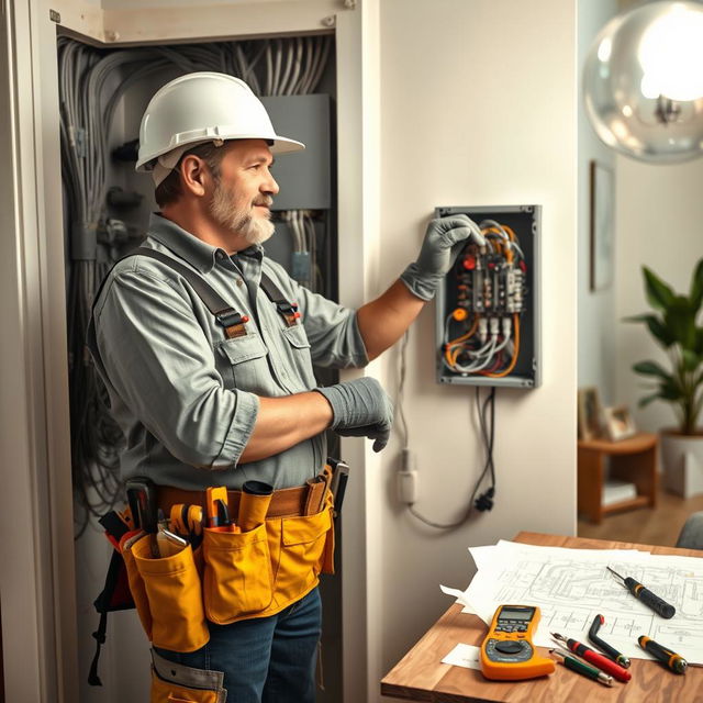 A professional electrician in action, working on electrical panels and wiring in a residential setting