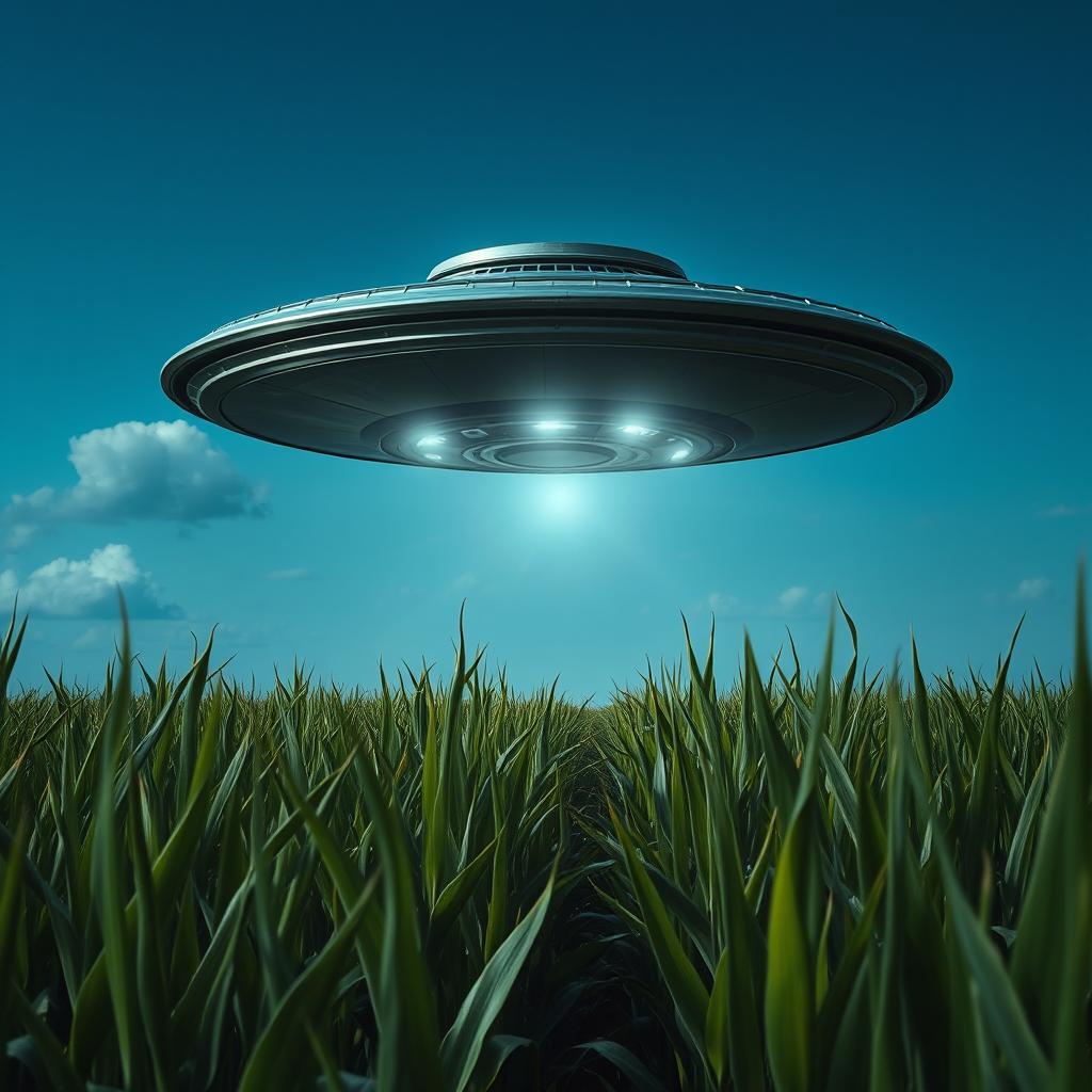 A dramatic raw photograph of a UFO hovering above a vast cornfield, showcasing rows of tall, green corn plants swaying gently in the breeze