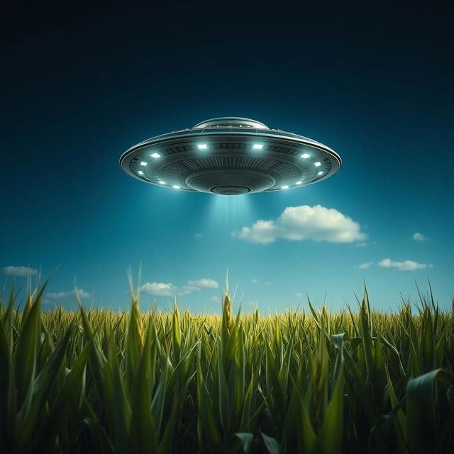 A dramatic raw photograph of a UFO hovering above a vast cornfield, showcasing rows of tall, green corn plants swaying gently in the breeze