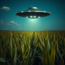 A dramatic raw photograph of a UFO hovering above a vast cornfield, showcasing rows of tall, green corn plants swaying gently in the breeze
