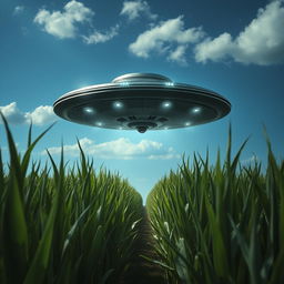 A dramatic raw photograph of a UFO hovering above a vast cornfield, showcasing rows of tall, green corn plants swaying gently in the breeze