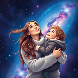 A heartwarming scene of a mother lovingly holding her young son, both gazing into the distance with wonder