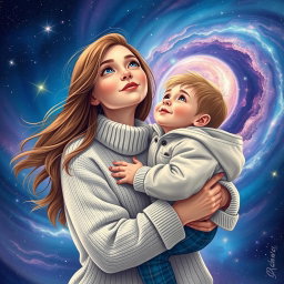 A heartwarming scene of a mother lovingly holding her young son, both gazing into the distance with wonder