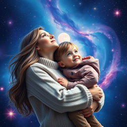 A heartwarming scene of a mother lovingly holding her young son, both gazing into the distance with wonder