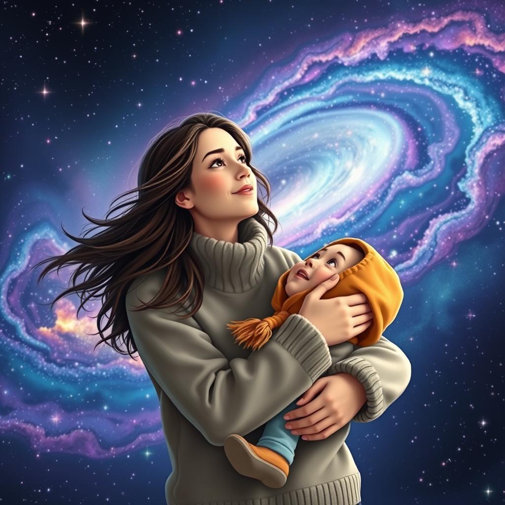 A heartwarming scene of a mother lovingly holding her young son, both gazing into the distance with wonder